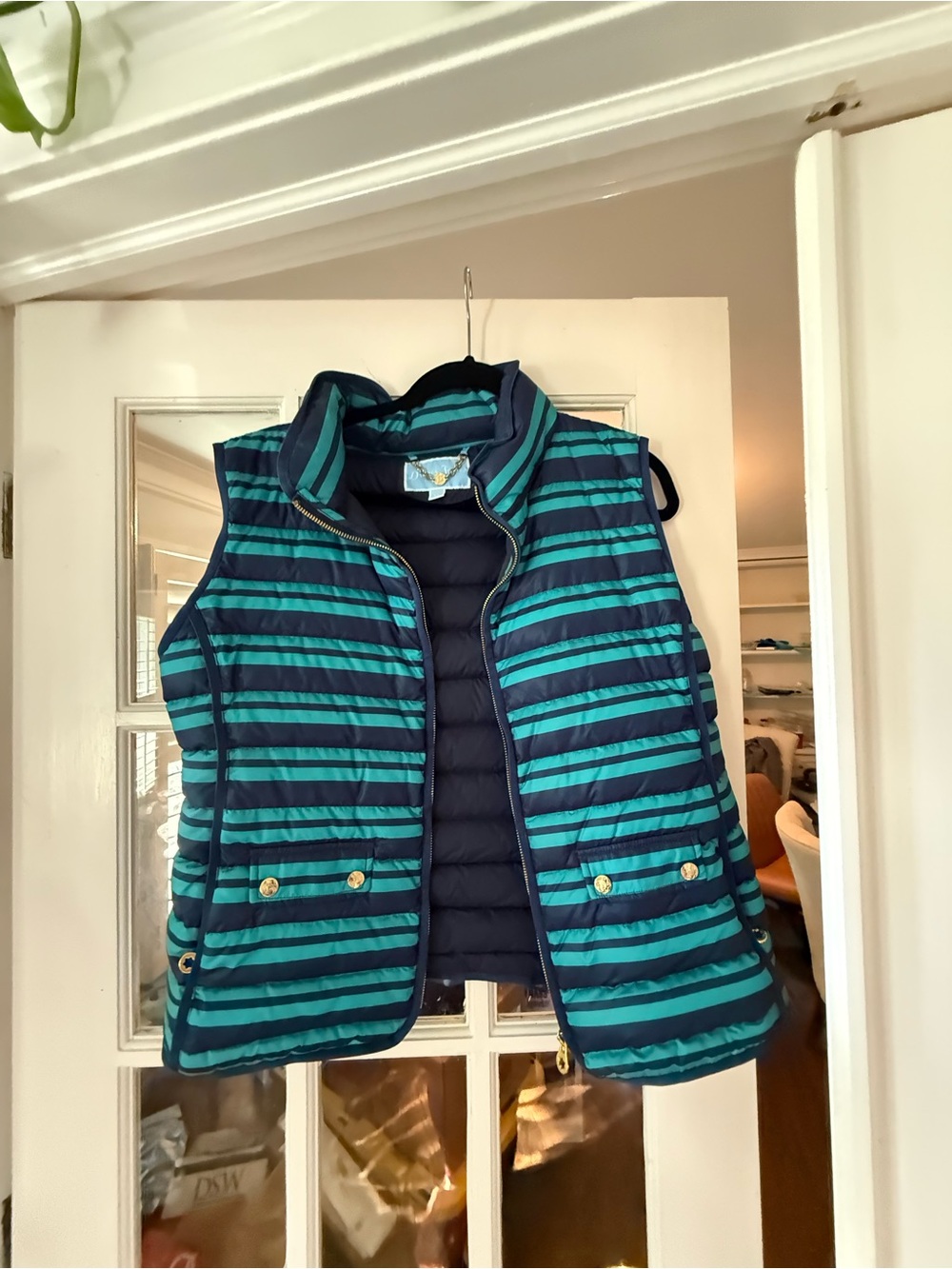 Draper James Teal and Navy Striped Puffer Vest